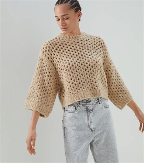 Camel Brown Cropped silk sweater with logo 